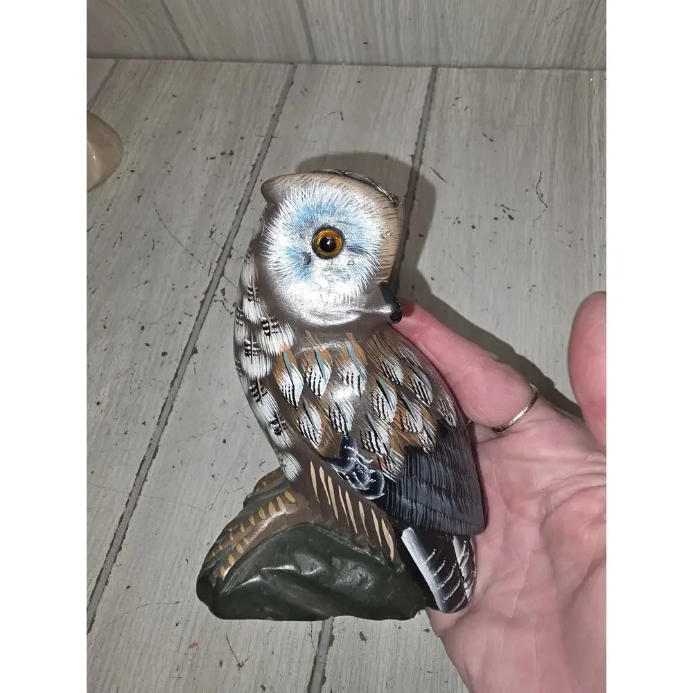 Vintage Owl Carved Stone On Log Hand Painted 5.